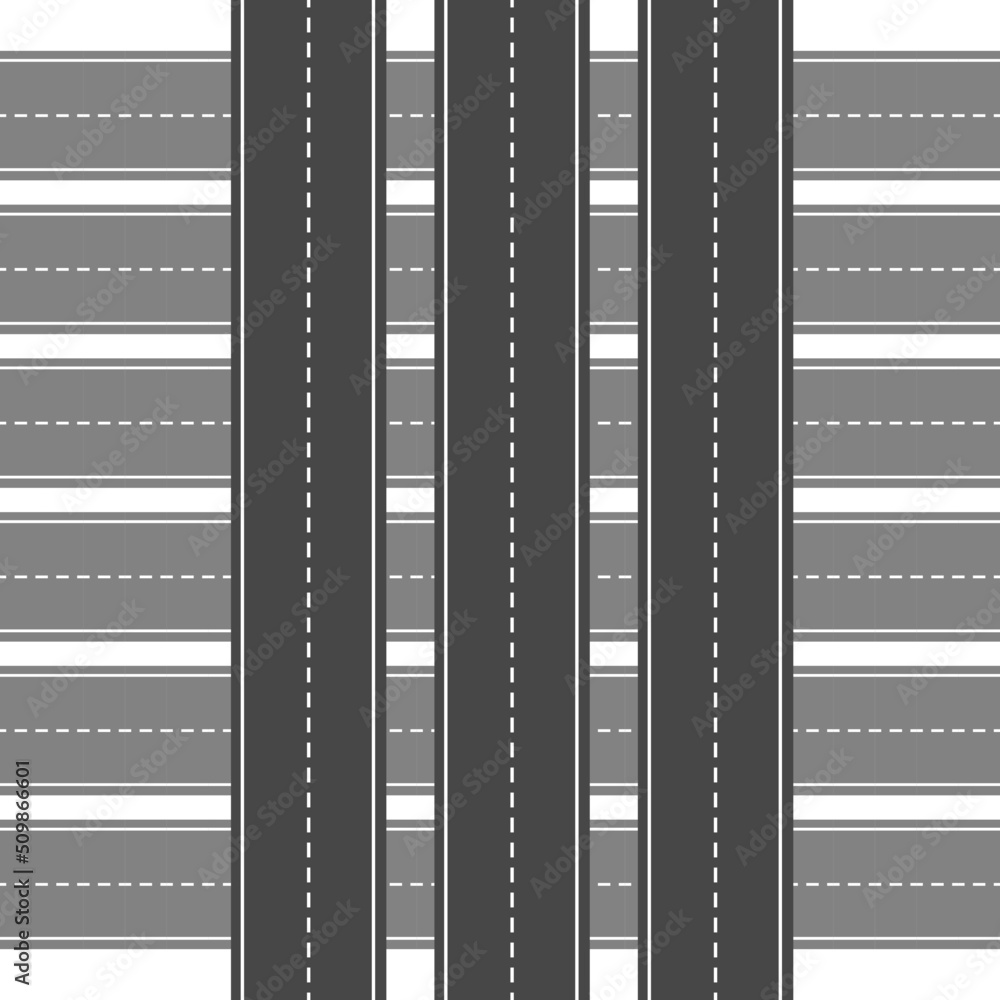 Set of straight road with road stripes on highway with multiple lanes, vector illustration