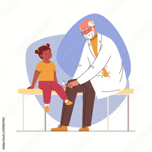 Small patient at neurologist's appointment. Old doctor taps with neurological hammer on knee of seated female child. Isolated on white background. Vector characters flat cartoon illustration.