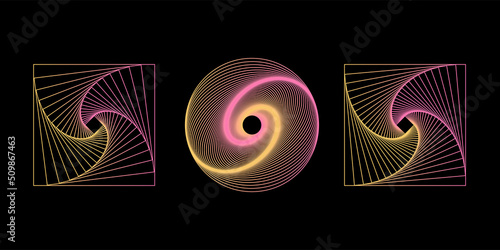 Set of 3D twisted gradient spirals. Geometry tunnel with lines. Abstract technology circle and square. Vector illustration.