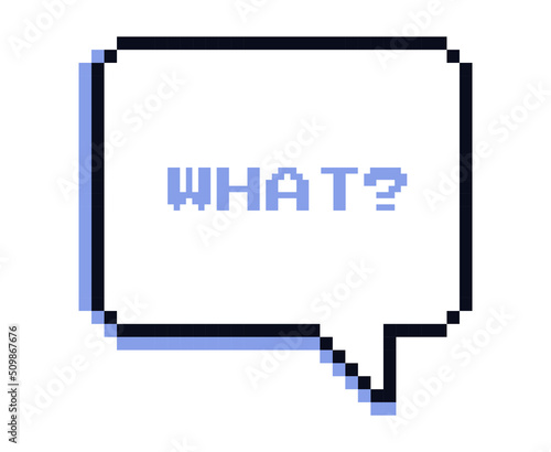 Pixel speech bubble. Large square cloud with rounded corners and WHAT Graphic elements in retro style, communication and interaction, old interface for games. Cartoon flat vector illustration