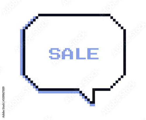 Pixel speech bubble. Large square cloud with rounded corners and sale inscription. Retro style interface for website, old graphic notifications and information. Cartoon flat vector illustration