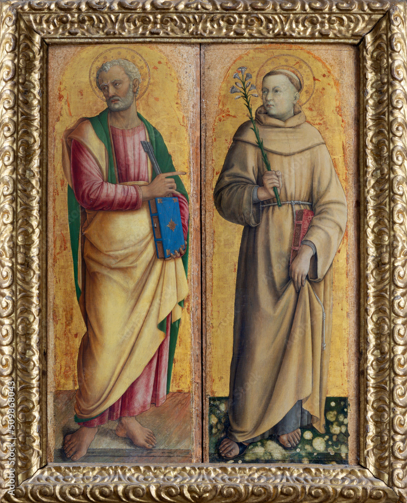 MATERA, ITALY - MARCH 7, 2022: The renaissance painting of Saint Peter the Apostle and St. Anthony of Padua in the church Chiesa di San Francesco Assisi from by Lazzaro Bastiani from 15. cent.