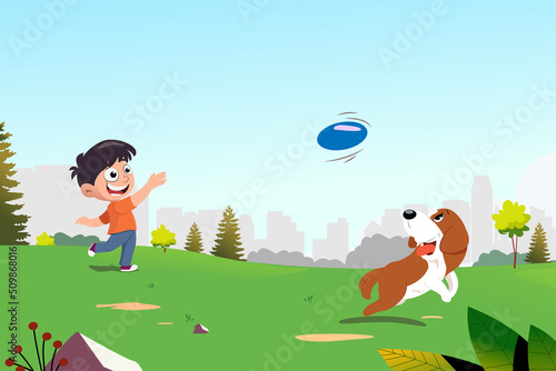 Boy Throwing Frisbee With His Dog Vector Illustration