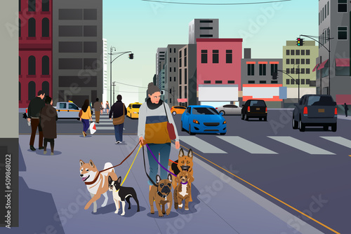 Dog Walker Woman Walking with Her Dogs Vector Illustration