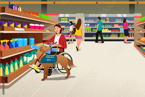 Lady in a Wheelchair Grocery Shopping With Service Dog Vector Illustration
