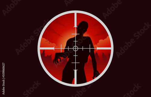 Sniper aim pointer aiming at zombies in the forest. Concept illustration about monster hunting with a shooting weapon or arrow, bullet, Silhouette vector.