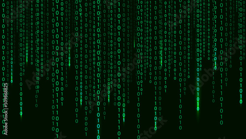 Green matrix on the dark background with different numbers and light. Big data visualization. Digital texture backdrop. Vector illustration. photo