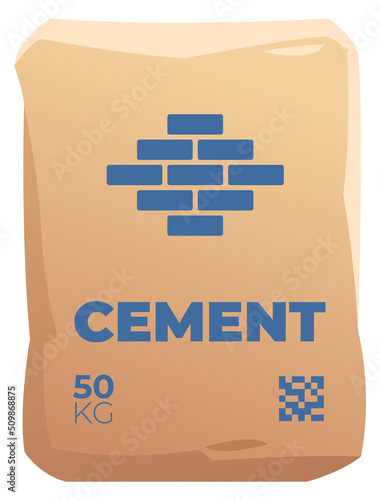 Cement bag icon. Cartoon paper pack. Construction material