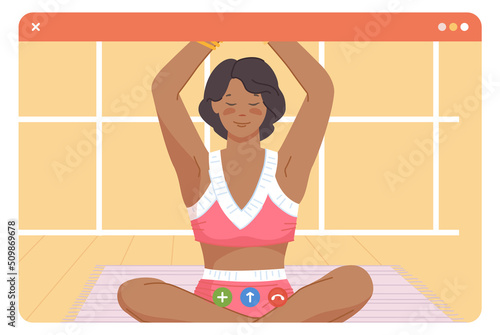 Online yoga practice. Woman in meditation pose in video call window