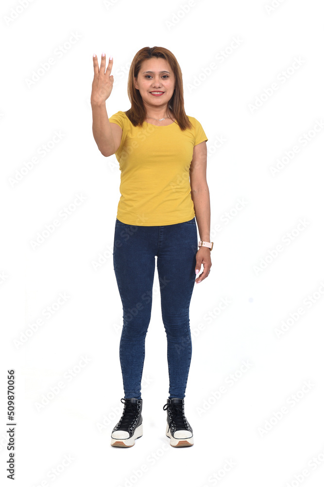 full portrait of a woman with three finger raising on white background full portrait of a woman with three finger raising on white background
