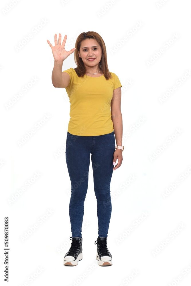 full portrait of a woman with five finger raising on white background full portrait of a woman with five finger raising on white background