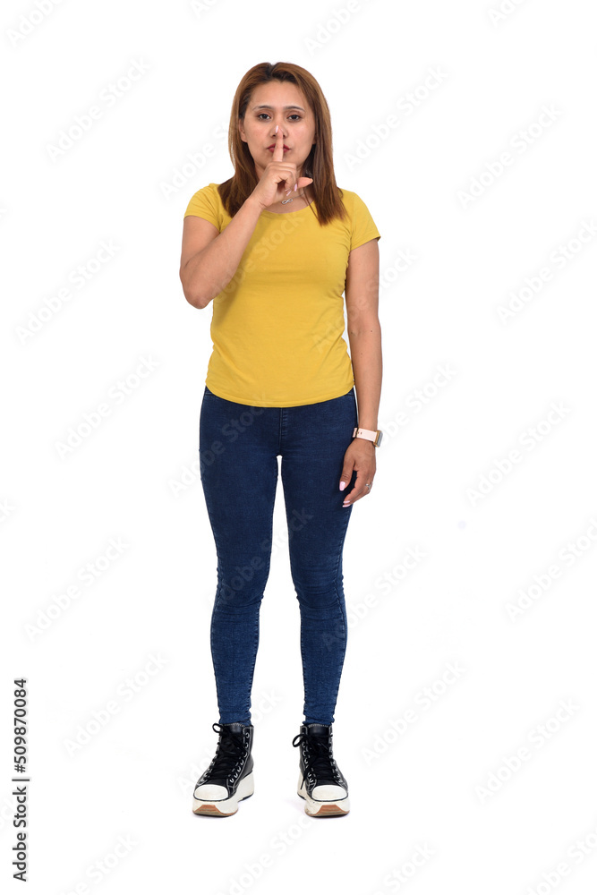 woman cober his lips on white backgroud woman cober his lips on white backgroud