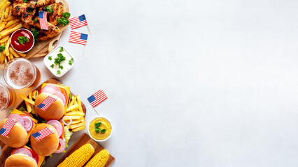 Table with food for USA 4th July Independence Day, copy space