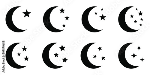 Crescent moon with stars icon on white background. Night icon. Crescent moon icon. Minimalist style.
