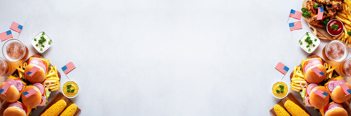 Table with food for USA 4th July Independence Day, copy space, web banner