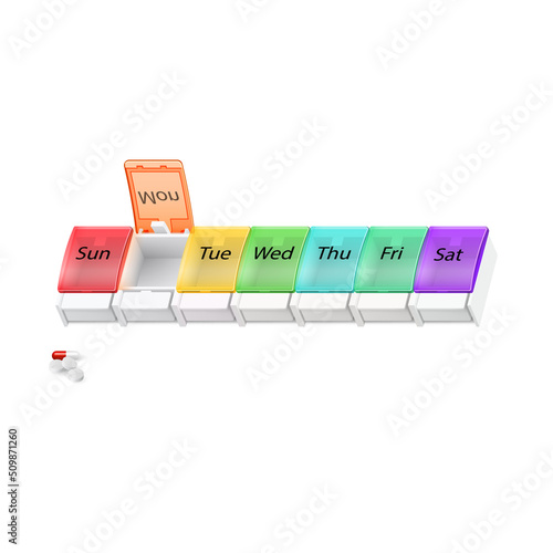 Illustration of Plastic Pharmacy Organizer for Pills for Each Day of the Week on White Backdrop. A Weekly Medicine Dispenser Opened for Monday