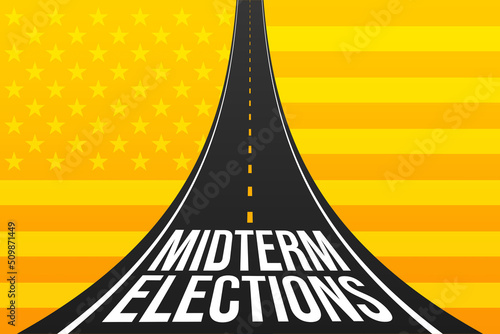 road directing towards Mid term elections of USA with USA flag background, USA midterm election concept background photo