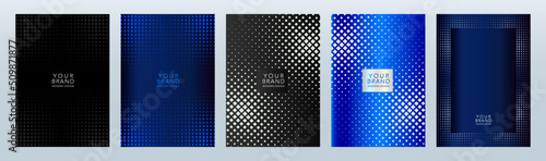 Modern luxury cover frame design set. Elegant fashionable blue background carbon texture, abstract dot digital geometric pattern in black, white color. Premium vector for menu, flyer, card, template.