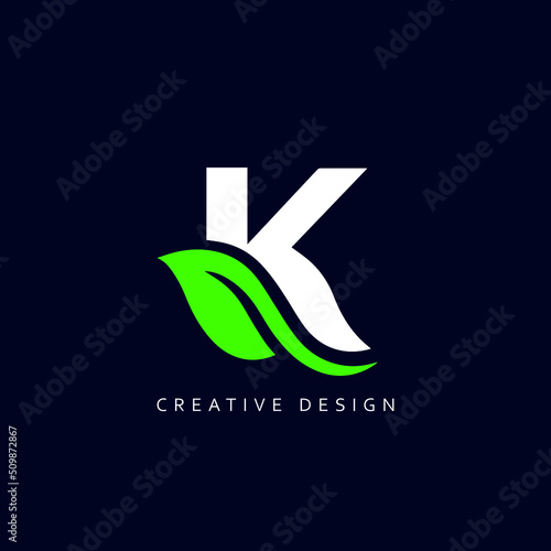 Creative Letter K Leaf Logo Design, Letter K Botanical Logo, Leaf Attached with Alphabet K