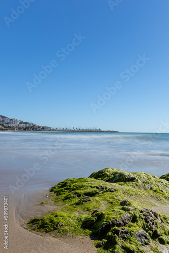 Mediterranean Sea at Sitges. Detail of rocks in the beach