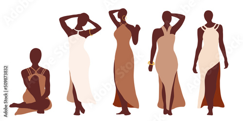 Abstract figures of African women in modern minimalists style. Isolated vector silhouette set perfect for posters, illustrations, cards, prints