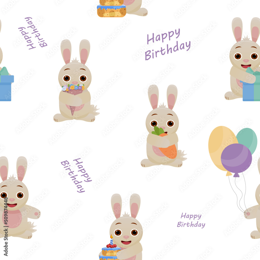 Fototapeta premium Seamless pattern with bunnies. Happy Birthday, party. wrapping with different rabbits. 