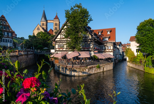 Esslingen am Neckar old town panorama with historic twin tower of 