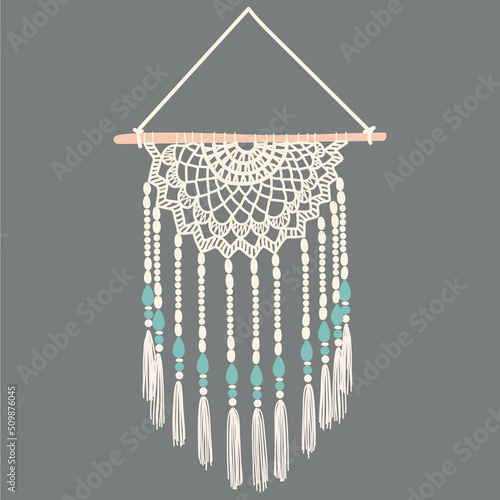 Macrame Design, Wall Decoration Hanging On Gray Background, Handmade Craft Decor Unit Insulated - Flat Vector Illustration