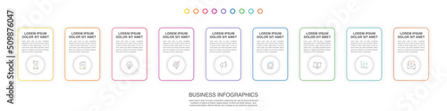 Vector line infographics with nine circles and rectangles. Business concept graphic process template with 9 steps and squares. Modern and simple graphic timeline for a project on white background