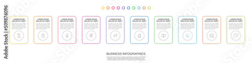 Vector line infographics with 10 circles and rectangles. Business concept graphic process template with ten steps and squares. Modern and simple graphic timeline for a project on white background