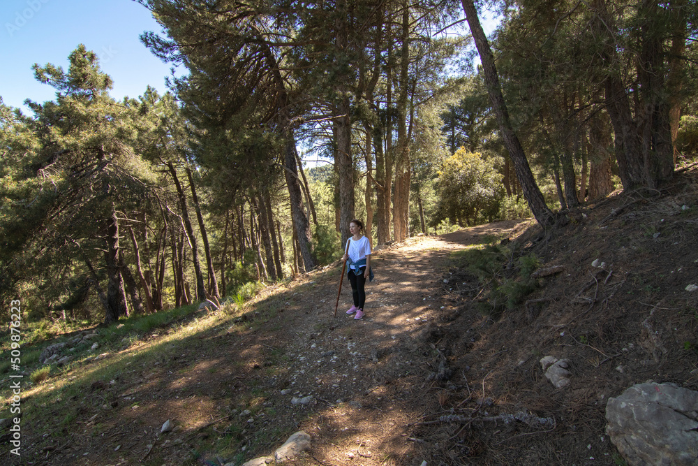 1A middle-aged Caucasian woman hiking in the Sierra de Cazorla. Concept of the lifestyle of middle-aged people. 1A middle-aged Caucasian woman hiking in the Sierra de Cazorla. Concept of the lifestyle of middle-aged people.