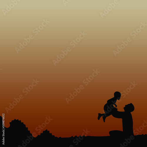 silhouettes of father and little son playing at sunset