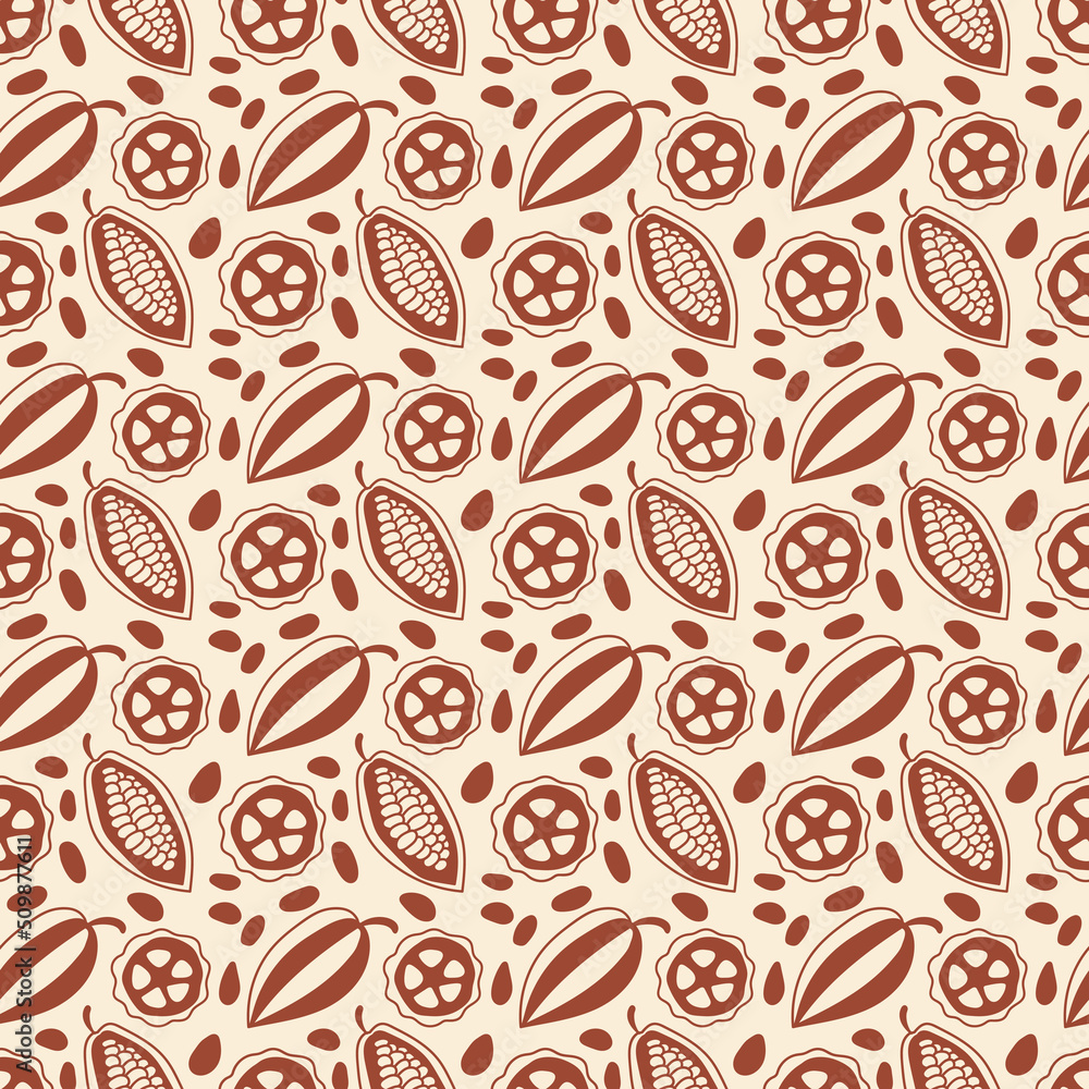 Seamless pattern with Cocoa beans, grains, pod on light background. Hand drawn vector illustration, graphics, monochrome. Seamless pattern with Cocoa beans, grains, pod on light background. Hand drawn vector illustration, graphics, monochrome.