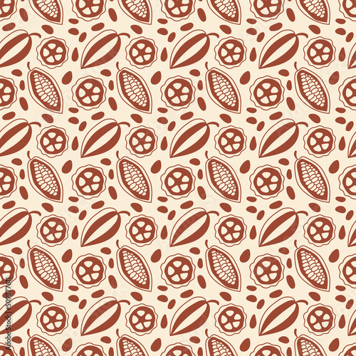 Seamless pattern with Cocoa beans, grains, pod on light background. Hand drawn vector illustration, graphics, monochrome.