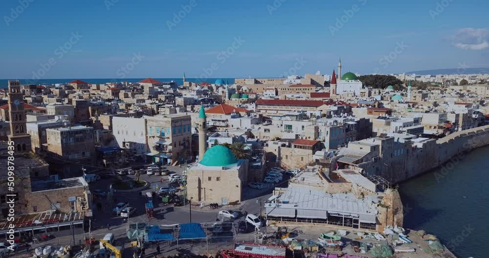 Port with boats in Akko, Aerial View, Israel Port with boats in Akko, Aerial View, Israel