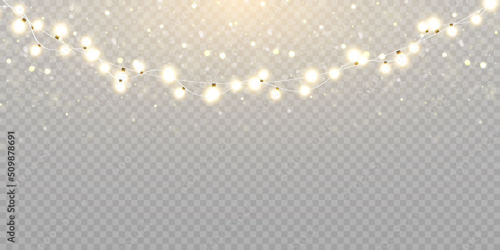 Christmas lights isolated on transparent background. Set of golden Christmas glowing garlands with sparks. For congratulations, advertising design invitations, web banners. Vector - obrazy, fototapety, plakaty 