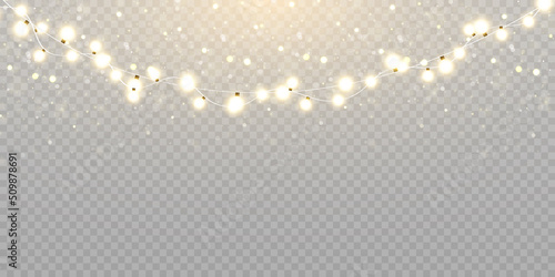 Christmas lights isolated on transparent background. Set of golden Christmas glowing garlands with sparks. For congratulations, advertising design invitations, web banners. Vector photo
