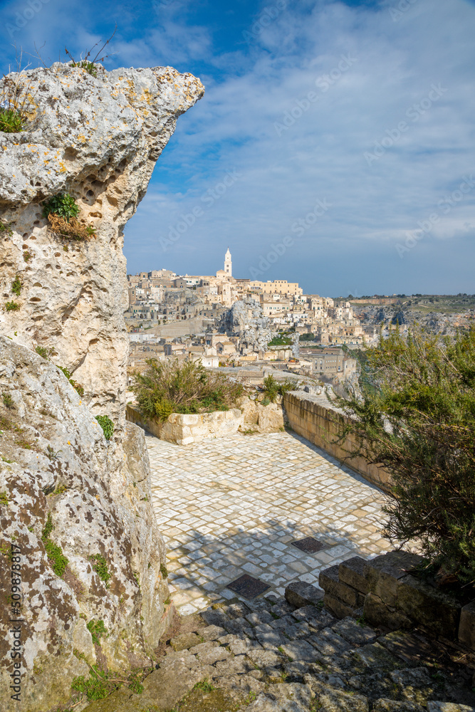 Matera - The cityscape  of the old town  with the rock.
