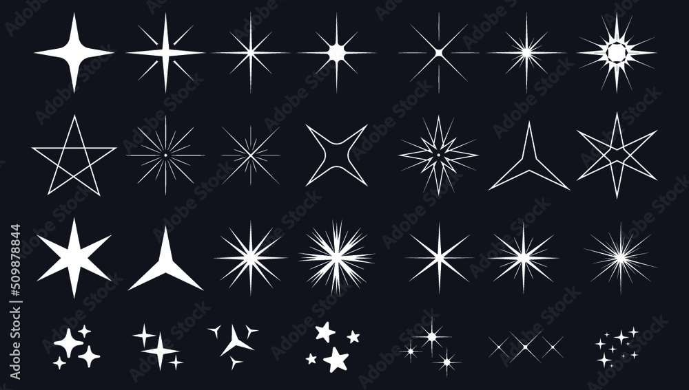 Set de vectores de estrellas y destellos elegantes y minimalistas luces vectoriales iconos