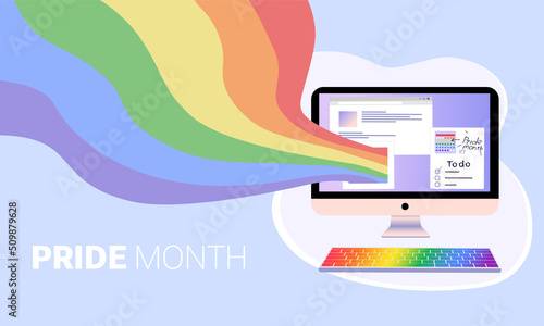 Pride Month flat vector illustration computer and abstract flag in Lgbt rainbow colors on abstract background