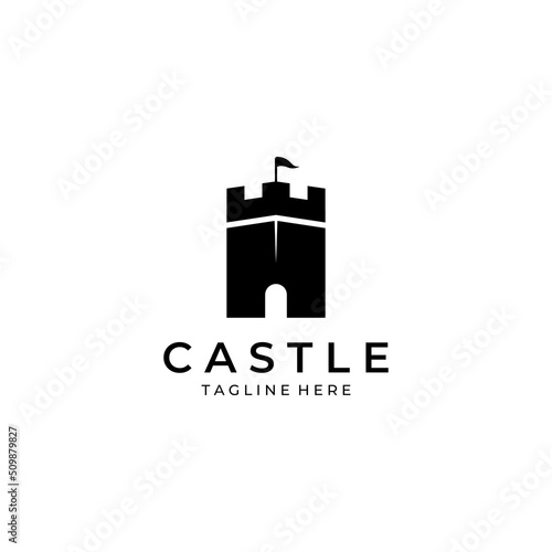Castle logo silhouette, castle logo with shield combination design vector illustration template.