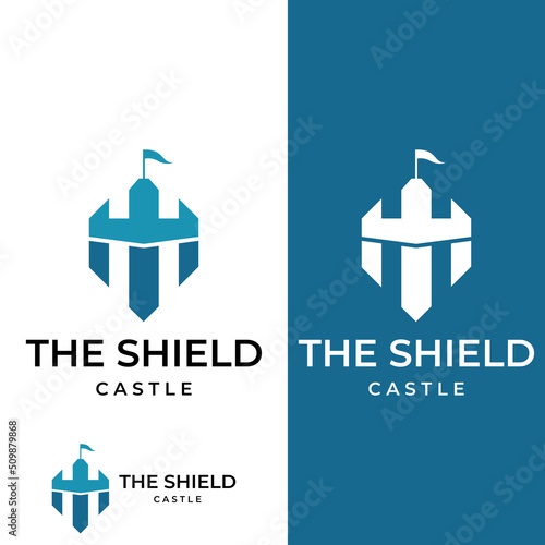Castle logo silhouette, castle logo with shield combination design vector illustration template.