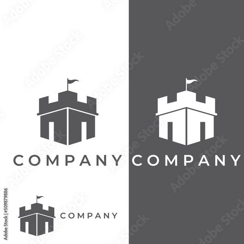Castle logo silhouette, castle logo with shield combination design vector illustration template.