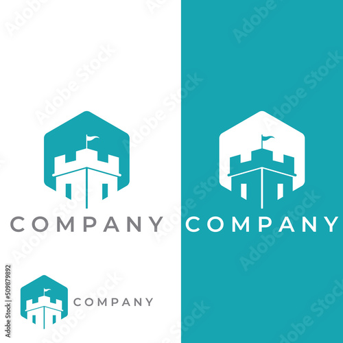 Castle logo silhouette, castle logo with shield combination design vector illustration template.