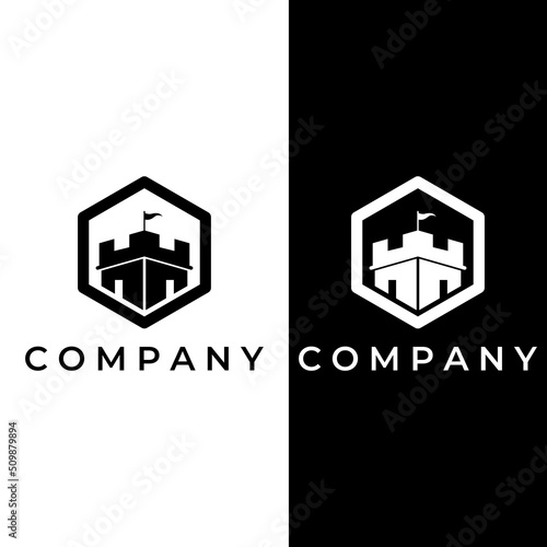 Castle logo silhouette, castle logo with shield combination design vector illustration template.