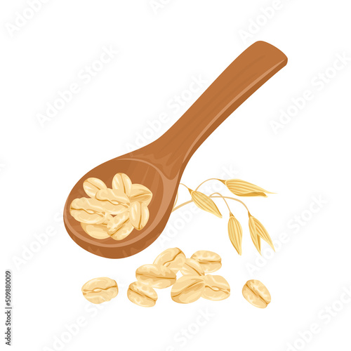 Oats in wooden spoon, pile of oat flakes and ear. Vector cartoon illustration.