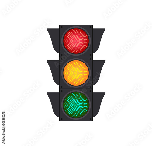 Icons depicting typical horizontal traffic signals with red light above green and yellow in between isolated vector illustration