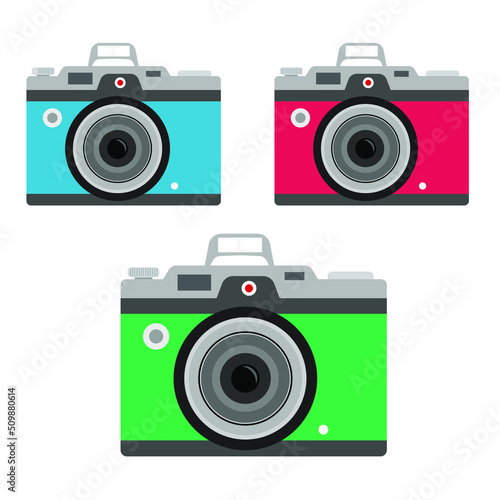 Photo camera icon isolated on white background, photocamera pictogram, red camera flat modern design in outline linear thin line style, photo camera image vector illustration 
