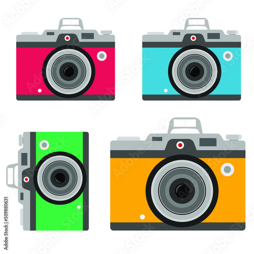 Photo camera icon isolated on white background, photocamera pictogram, red camera flat modern design in outline linear thin line style, photo camera image vector illustration 
