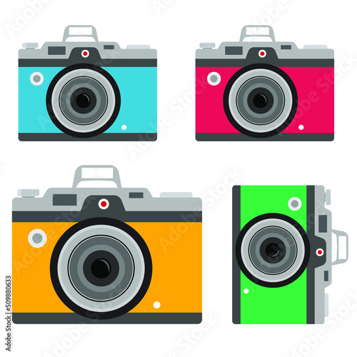 Photo camera icon isolated on white background, photocamera pictogram, red camera flat modern design in outline linear thin line style, photo camera image vector illustration 
